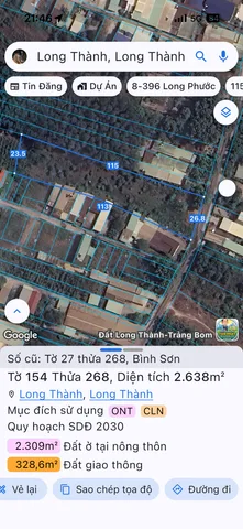 Bán đất 2637.4m² có sẵn 300m² thổ cư ngang 26,8m giá 18.4 tỷ tại Xã Long Thành