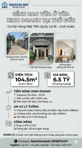 QUỐC LỘ 1K LINH XUÂN, HẼM XE HƠI TRÁNH , VỪA Ở VỪA KINH DOANH 105M2 GIÁ 6.5 TỶ