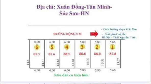 CẦN BÁN LÔ ĐẤT VỊ TRÍ CỰC TIÊM NĂNG , SÁT ĐƯỜNG TỈNH LỘ 418  ,DT - 87,8 M FUN THỔ CƯ  GIÁ NHỈNH 2 TỶ -  KHUÔN THỬA ĐẸP MIỄN BÀN , KHU DÂN CƯ ,THỊ TRẤN HUYỆN 4,5 KM