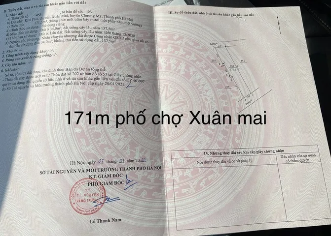 Bán đất 171mm² có sẵn 33m² thổ cư ngang 6m giá 5.35 tỷ tại Đường Chợ Xã Xuân Mai