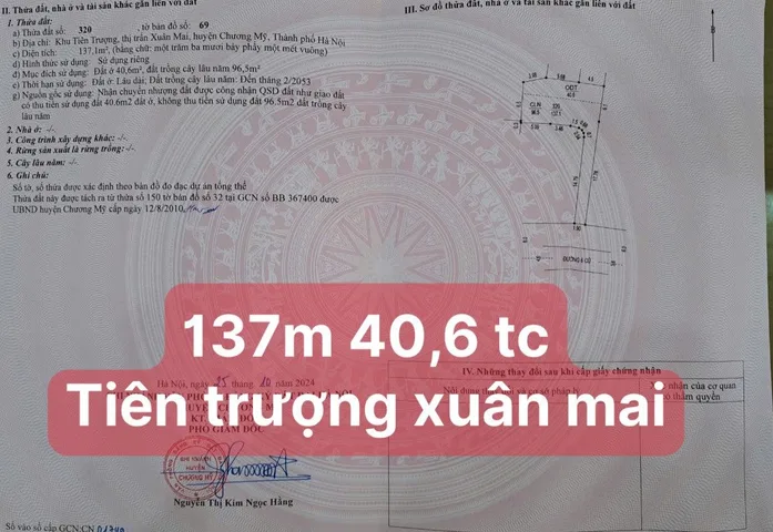Bán đất 137m² có sẵn 40m² thổ cư ngang 5m giá 2.8 tỷ tại Xã Xuân Mai