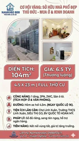 TÌM NHÀ CHO GIA ĐÌNH CÓ Ô TÔ? ĐÂY LÀ KHÔNG GIAN SỐNG HOÀN HẢO CHO BẠN! 104M2 FULL THỔ CƯ 6.5 TỶ