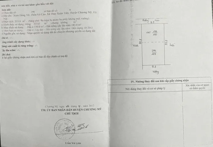 Bán đất 313.3m² có sẵn 150m² thổ cư ngang 9m giá 4.5 tỷ tại Xã Xuân Mai