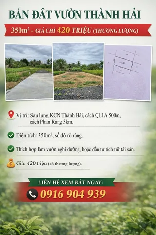 🌿 Bán đất vườn Thành Hải – 350m², giá chỉ 420 triệu (thương lượng)