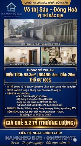 SÂN ĐẬU Ô TÔ - GIÁ HẤP DẪN VÕ THỊ SÁU- ĐÔNG HÒA DĨ AN - 98.3M2 - TRỆT LỬNG - 2PN - 5.2TỶ