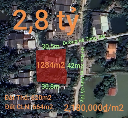 Bán đất 1284m² có sẵn 620m² thổ cư ngang 30m giá 2.8 tỷ tại Xã Tân Trụ