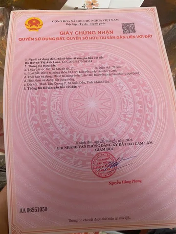 Cần Bán Lô Đất Thôn Tân Xương, Xã Suối Dầu , Khánh Hòa.