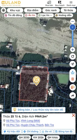 Bán đất 9969 m² Phú Túc, Châu Thành, Bến Tre 2 mặt tiền đường, 1 mặt tiền Sông Mekong