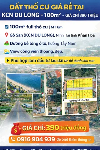 ĐẤT THỔ CƯ TẠI KCN DU LONG – 103m² –  GIÁ CHỈ 390 TRIỆU
