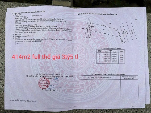 Bán đất 416.3m² ngang 10m giá 3.5 tỷ tại Xã Thái Mỹ