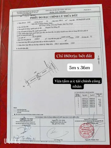 Bán đất 181.4m² có sẵn 50m² thổ cư ngang 5m giá 180 triệu tại Xã Long Thuận