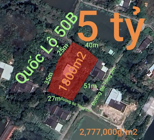 Bán đất 1800m² có sẵn 599m² thổ cư ngang 25m giá 5 tỷ tại Xã Vàm Cỏ