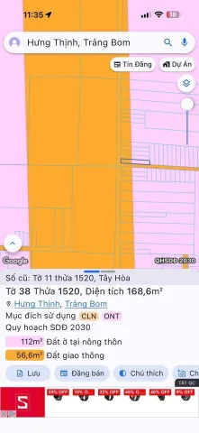 Bán đất 168.6m² có sẵn 168m² thổ cư ngang 5m giá 1.35 tỷ tại Đường Tây Hòa 7 Xã Hưng Thịnh