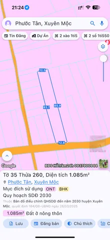 Bán đất 1084.7m² có sẵn 100m² thổ cư ngang 12.8m giá 4 tỷ tại Xã Hồ Tràm