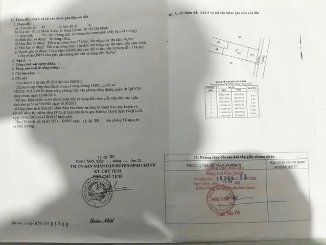 🔥Chính chủ cần bán lô đất ở xã Lê Minh Xuân , Huyện Bình Chánh . DT 251,3m2 , thổ cư 174,4m2 , đường  oto . Giá 4,2 tỷ còn TL ít