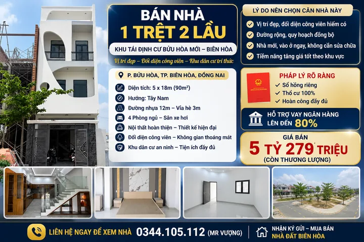Bán nhà TDC phường Bửu Hòa Biên Hòa , 2 lầu 1 trệt, 4PN, sân 7C, pháp lý rõ ràng, ngân hàng hỗ trợ