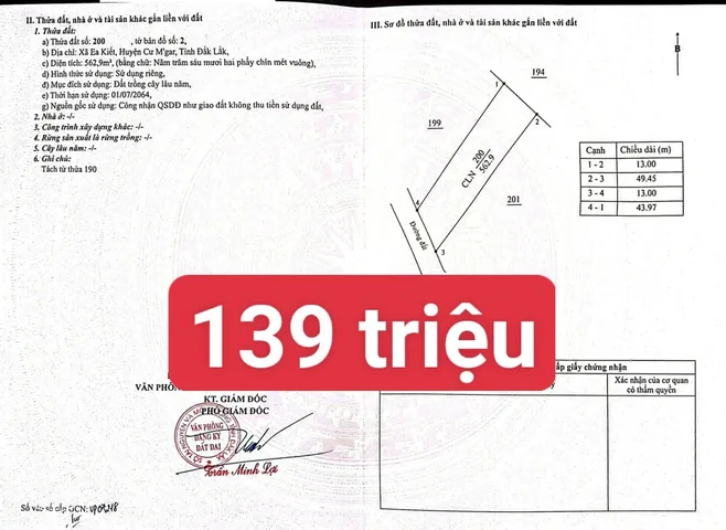 Bán đất 563m² ngang 13m giá 139 triệu tại Xã Ea Kiết