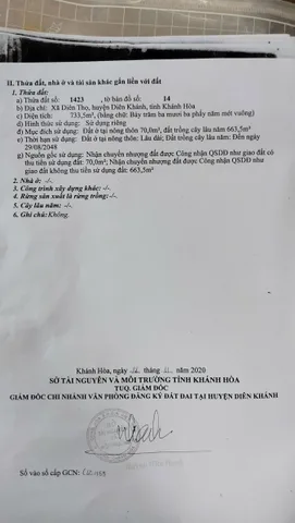Bán vườn cây ăn trái siêu đẹp ở Diên Thọ , Diên Khánh , Khánh Hoà. DT 733,5m2 có 70m2 thổ cư . Giá 5,4 triệu/m2 bao giấy tờ