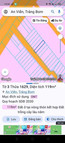 Bán đất 119.2m² ngang 5m giá 980 triệu tại Xã An Viễn