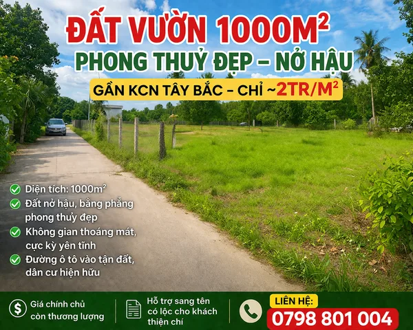 🔥 ĐẤT VƯỜN 1000M² – NỞ HẬU PHONG THUỶ ĐẸP – GẦN KCN TÂY BẮC 🔥