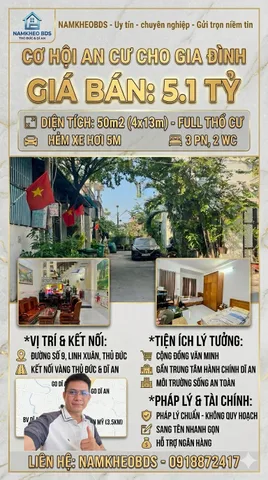 GIẢI QUYẾT NỔI LO TÌM NHÀ, VƯỢNG KHÍ ĐẸP, ĐƯỜNG 9 LINH XUÂN, 50M2(4X13), 3PN, 5.1 TỶ