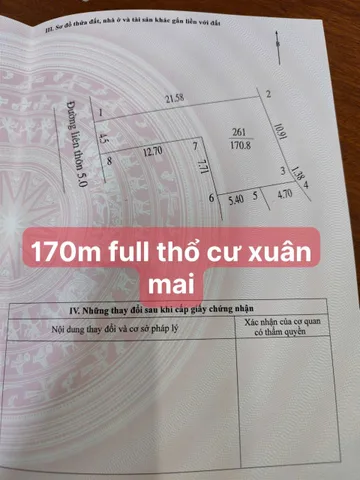 Bán đất 170mm² có sẵn 170m² thổ cư ngang 5,5m giá 6.5 tỷ tại Xã Xuân Mai