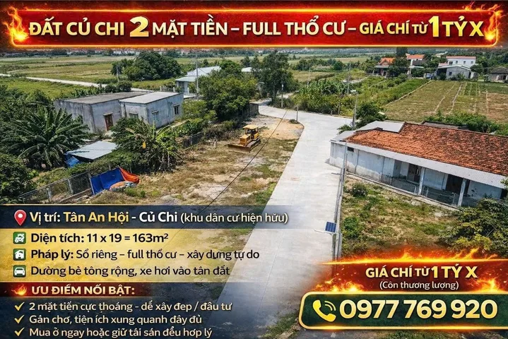 🔥 ĐẤT 2 MT NGUYỄN VĂN KHẠ , TÂN AN HỘI – 11x19 FULL THỔ – GIÁ 1 TỶ X 🔥