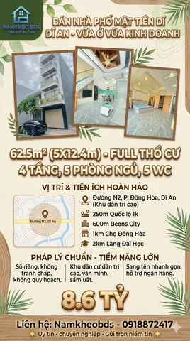AN TÂM AN CƯ - NHÀ ĐẸP LUNG LINH ĐƯỜNG N2 ĐÔNG HOÀ DĨ AN 62.5M2 4 TẦNG 5PN GIÁ 8.6 TỶ
