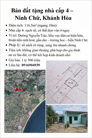 BÁN ĐẤT TẶNG NHÀ CẤP 4 116,5m² - NINH CHỬ - KHÁNH HÒA