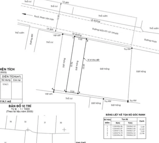 Bán đất 114.8m² có sẵn 100m² thổ cư ngang 5m tại Xã Bà Điểm