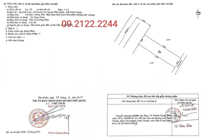 Bán đất 144m² full thổ cư ngang 6m TĐC Suối Lớn giá 3.8 tỷ tại Đặc khu Phú Quốc