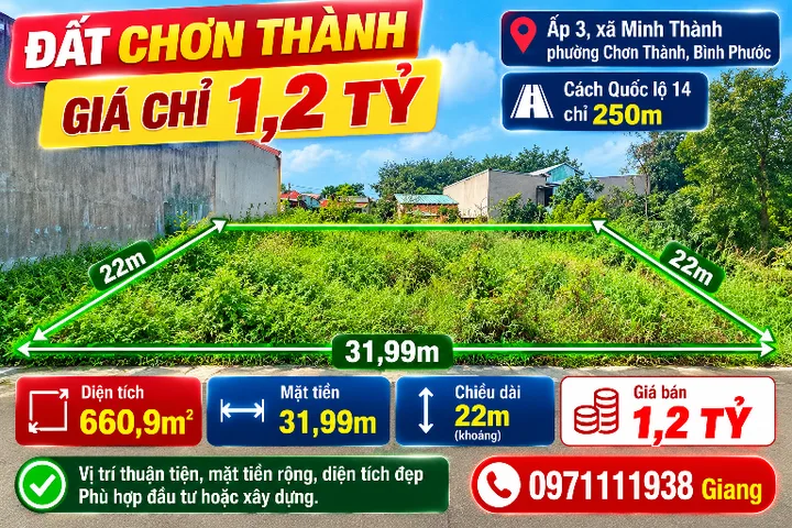 Cần bán lô đất đẹp tại Chơn Thành, Bình Phước, vị trí tốt, khu dân cư hiện hữu, phù hợp mua đầu tư chỉ 1 tỷ 2