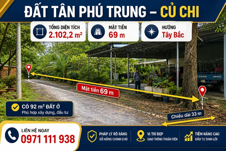 Bán đất Củ Chi diện tích lớn – mặt tiền rộng 69m – hướng Tây Bắc