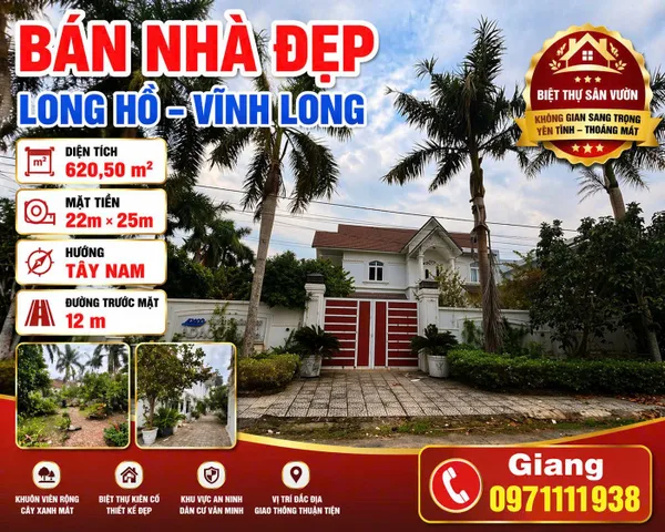Bán nhà đẹp Long Hồ, Vĩnh Long – diện tích 620,5m² – đường trước nhà 12m
