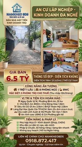 VỪA Ở VỪA TẠO DÒNG TIỀN - GIÁ SỐC - QL1K DĨ AN - 118M2 NGANG 5.2M NỞ HẬU - 1 TRỆT 1 LẦU - 6.5 TỶ