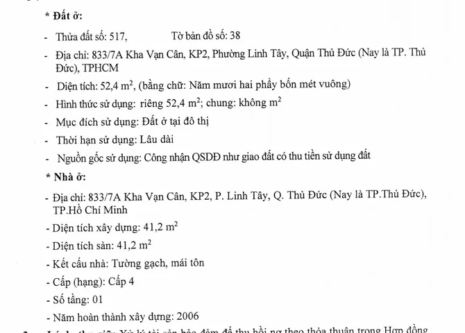 bán nhà 833/7a Kha Vạn Cân, KP2 , P.Linh Tây, Thủ Đức (thửa 517, tờ 38)