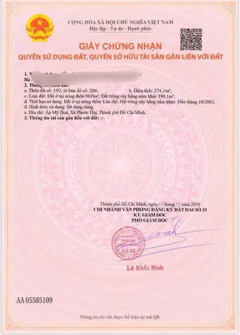 CẮT LỖ LÔ ĐẤT NHÀ VƯỜN 274M2 NGAY TRUNG TÂM THỊ TRẤN PHƯỚC HẢI