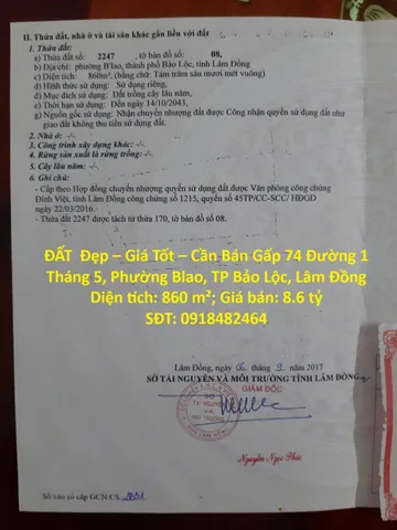ĐẤT  Đẹp – Giá Tốt – Cần Bán Gấp – Đường 1 Tháng 5 – Phường Blao – TP Bảo Lộc – Lâm Đồng