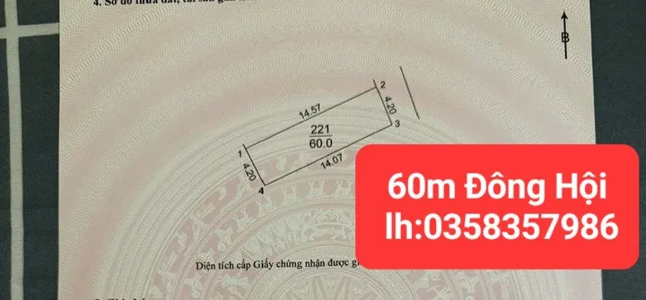 Bán đất 60m² full thổ cư ngang 4.2m giá 6.85 tỷ tại Xã Đông Anh