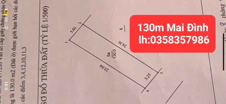 Bán đất 130m² full thổ cư ngang 5.6m giá 6.55 tỷ tại Xã Sóc Sơn