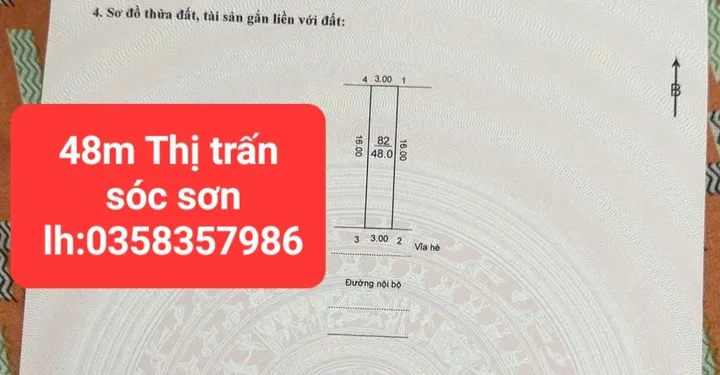 Bán đất 48m² full thổ cư ngang 3m giá 3.85 tỷ tại Xã Sóc Sơn
