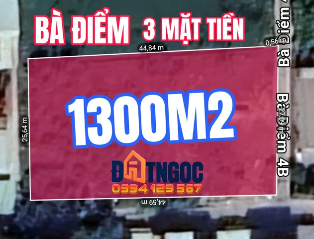 🟥Bán đất vuông đẹp 3 mặt tiền tại Bà Điểm 1300m² ngang 25m giá 17 tỷ tại Đường Bà Điểm 4