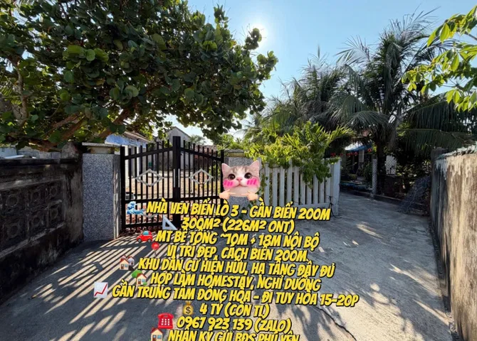 🌊 NHÀ VEN BIỂN LÒ 3 – GẦN BIỂN 200m

📐 300m² (226m² ONT)
🚗 MT bê tông ~10m + 18m nội bộ

📍 Vị trí đẹp, cách biển 200m
🏘️ Khu dân cư hiện hữu, hạ tầng đầy đủ

🏡 Hợp làm homestay, nghỉ dưỡng

📈 Gần trung tâm Đông Hòa – đi Tuy Hòa 15–20p

💰 4 tỷ 
