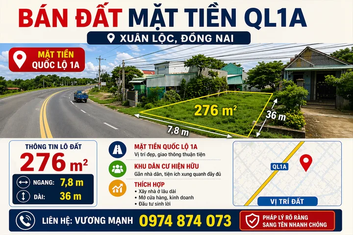 BÁN ĐẤT 276M², NGANG 7,8M, XUÂN LỘC, ĐỒNG NAI