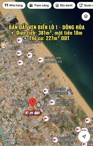 BÁN ĐẤT VEN BIỂN LÒ 1 - ĐÔNG HÒA, PHÚ YÊN
•  Diện tích: 381m², mặt tiền 18m
•  Thổ cư: 227m² ODT, sổ hồng riêng 
•  Vị trí: KP Phú Thọ 1, TT Hòa Hiệp Trung, cách biển 280m
•  Pháp lý: Sạch, công chứng ngay
💰 Giá: 6tỷxx (có TL)
📞 LH: 0967923139