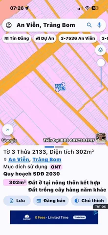 Bán đất 300.6m² có sẵn 300m² thổ cư ngang 10m giá 2.98 tỷ tại Xã An Viễn