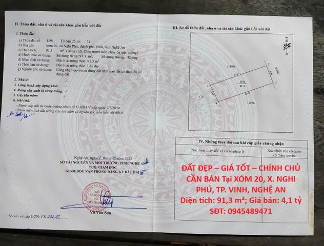 ĐẤT ĐẸP – GIÁ TỐT – CHÍNH CHỦ CẦN BÁN Tại XÓM 20, X. NGHI PHÚ, TP. VINH, NGHỆ AN