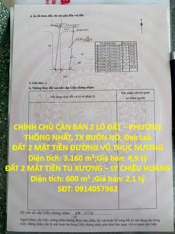 ĐẤT ĐẸP – GIÁ TỐT – CHÍNH CHỦ CẦN BÁN 2 LÔ ĐẤT – PHƯỜNG THỐNG NHẤT, TX BUÔN HỒ, Đak Lak