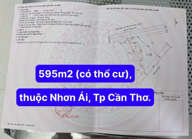 Bán đất 595m² có sẵn 122m² thổ cư ngang 10m giá 1.5 tỷ tại Xã Nhơn Ái