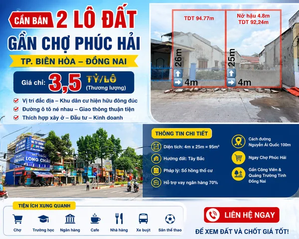 Bán đất phường Tân Phong Chợ Phúc Hải sổ riêng thổ cư 4m.25m. Tây Bắc.